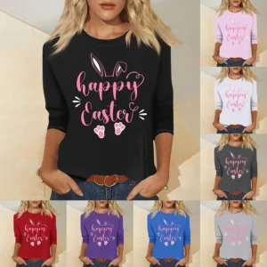 Women's Tops Basic Casual Printed 3/4 Sleeve Plus Size Easter Fashion Pullover