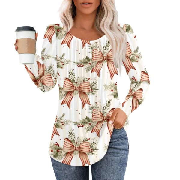 Women's Pleated Casual T-Shirt Round Neck Christmas Printed Long Sleeved Top - Image 38