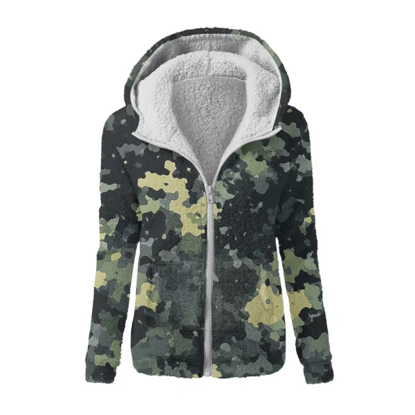 Women's Winter Camouflage Print Casual Fashion Plush Hooded Zipper Sweater - Image 31