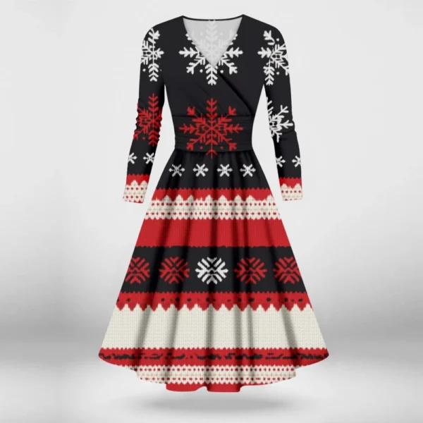 Women's Printed V-Neck Christmas Casual Fashion Long Sleeve Slim Dresses - Image 22