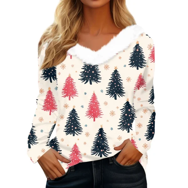 Women's Long Sleeve Christmas Printed Party Plush Neck Wide Casual V-Neck Top - Image 6