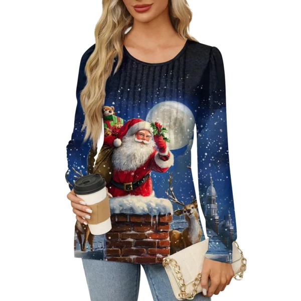Women's Printed Christmas Top Round Neck Casual Pleated Long Sleeved T-Shirt - Image 22