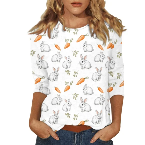 Women's Printed Easter Basic Tops Casual 3/4 Sleeve Fashion Plus Size Pullover - Image 4
