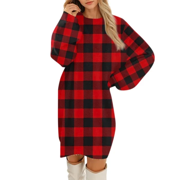 Women's Round Neck Casual Long Sleeve Plush Gradient Plaid Dresses - Image 3