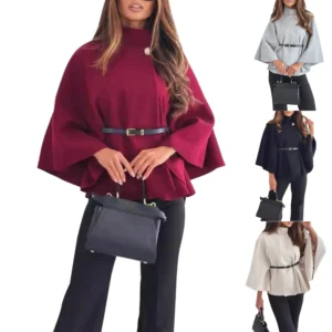 Women's Fashion Solid Waist Tie Woolen Cape Coat