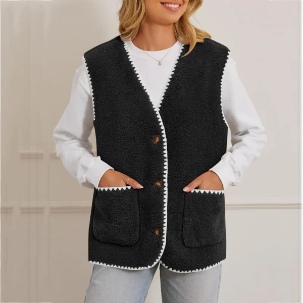 Women's Fuzzy Fleece Vest Sleeveless Colorblock Jacket Button Down Outerwear - Image 16