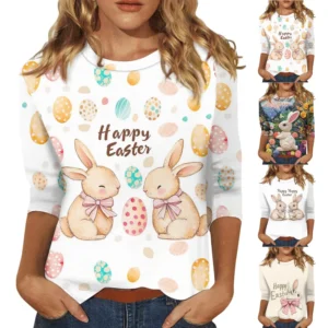 Women's Printed Basic Easter Fashion Tops Casual Plus Size 3/4 Sleeve Pullover