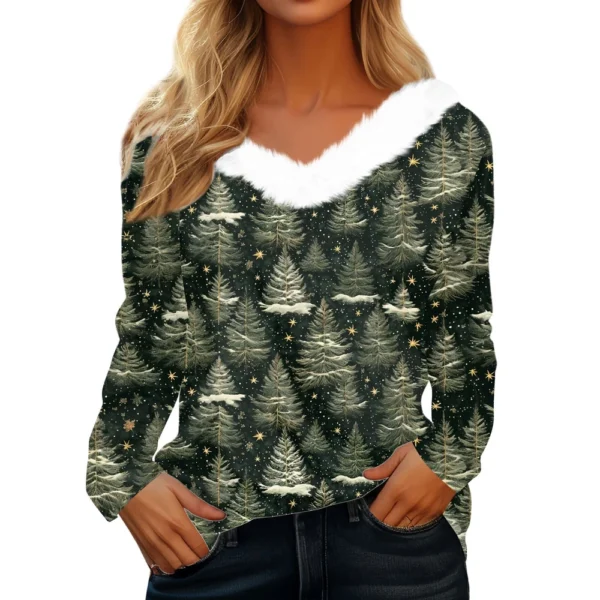 Women's Long Sleeve Christmas Printed Party Plush Neck Wide Casual V-Neck Top - Image 20