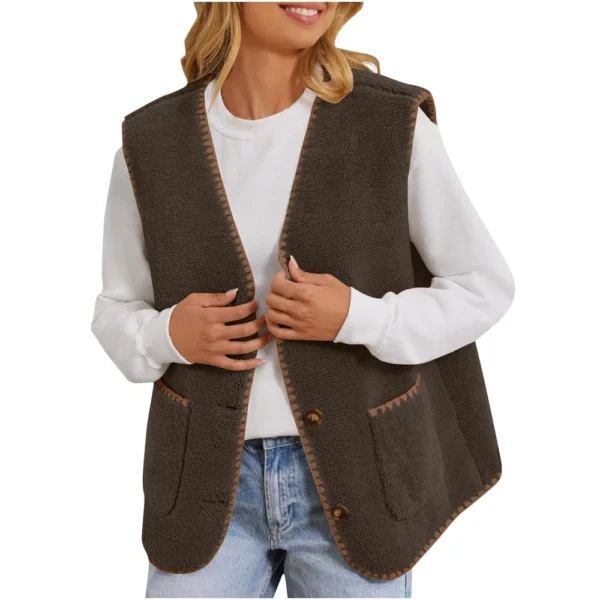 Women's Fuzzy Fleece Vest Sleeveless Colorblock Jacket Button Down Outerwear - Image 23