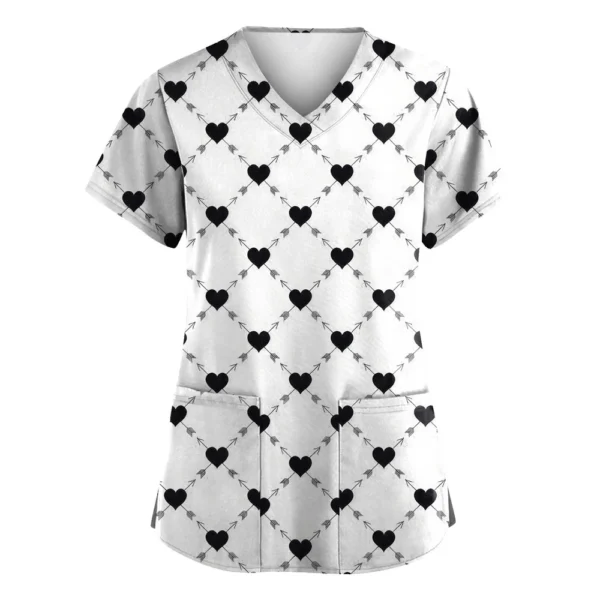 Women's Valentine's Day Printed  Uniform Work Uniform V-Neck Pocket Protective - Image 20