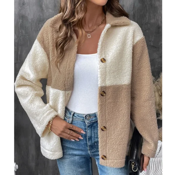 Women's Loose Casual Color Blocked Single Breasted Lapel Long Sleeved Jacket - Image 10