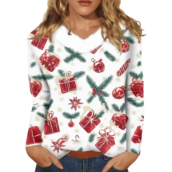 Women's Party Long Sleeve Shirt T Shirt V Neck Christmas Fleece Collar Top - Image 2