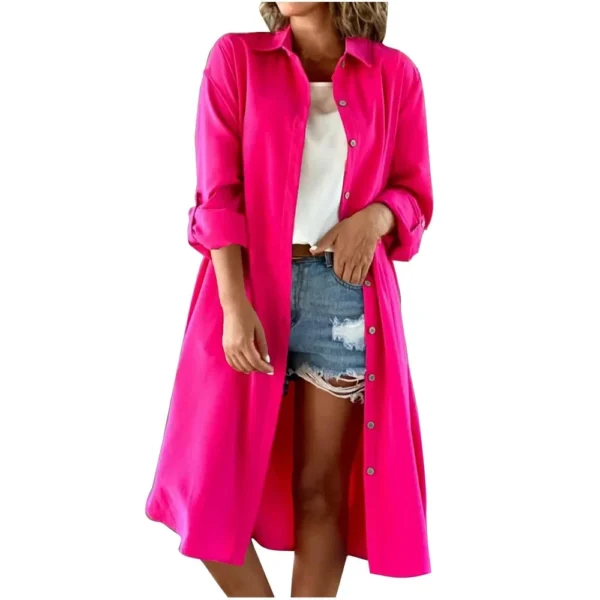 Women's Fashion Solid Color Loose Casual Comfort Lapel Long Button Coat - Image 2