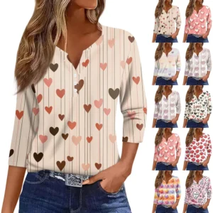 Women's T Shirt Tee Valentine's Day Print Button 3/4 Sleeve Daily Weekend
