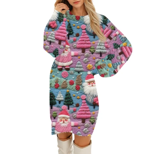 Women's Round Neck Casual Long Sleeve Plush Christmas Printed Dresses - Image 3