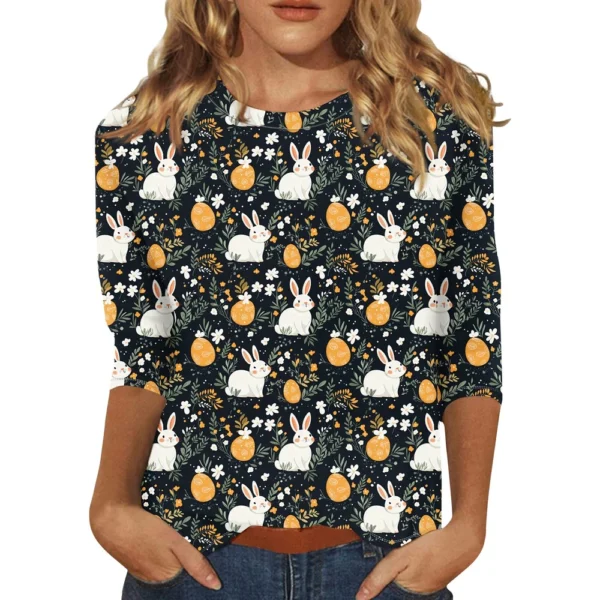 Women's Casual Round Neck Easter Egg Print Three-quarter Sleeve T-shirt Top - Image 7