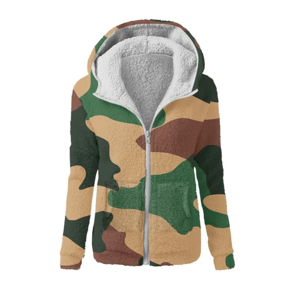 Women's Winter Camouflage Print Casual Fashion Plush Hooded Zipper Sweater - Image 23