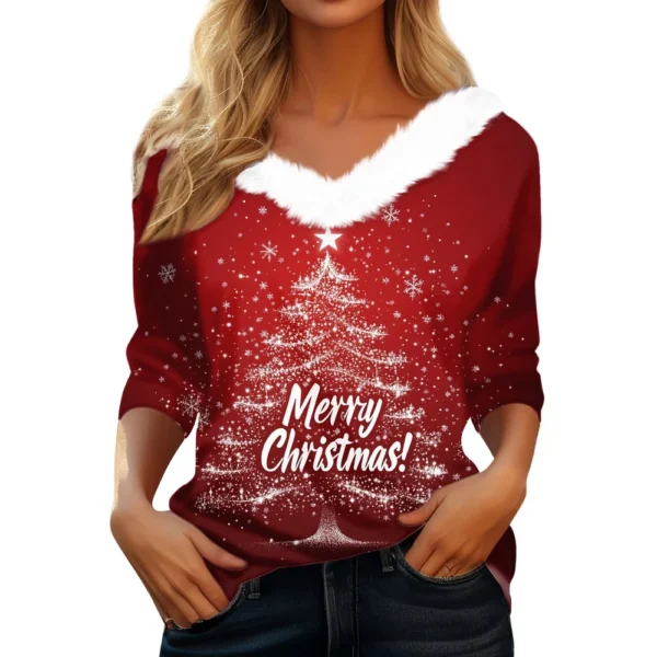 Women's Party Long Sleeve V Neck T Shirt Christmas Shirt Fleece Collar Top - Image 6