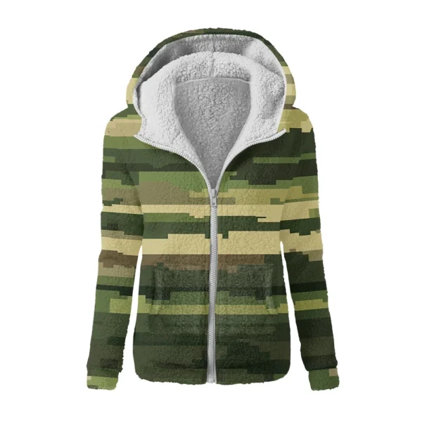 Women's Winter Camouflage Print Casual Fashion Plush Hooded Zipper Sweater - Image 2