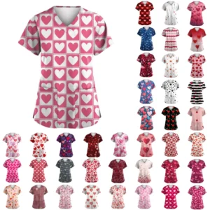 Women's Valentine's Day Printed  Uniform Work Uniform V-Neck Pocket Protective