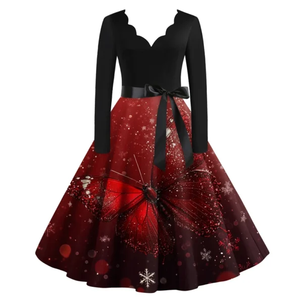 Women's Casual V-Neck Christmas Printed Fashion Long Sleeve Slim Dresses - Image 38