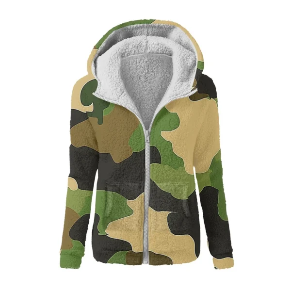 Women's Winter Camouflage Print Casual Fashion Plush Hooded Zipper Sweater - Image 6