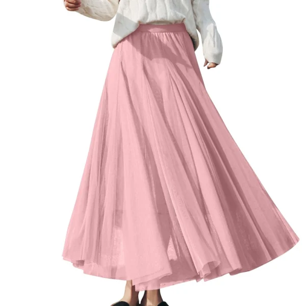 Women's Solid Color Mesh Skirt With Elastic Band Large Swing Mid Length Skirt - Image 35