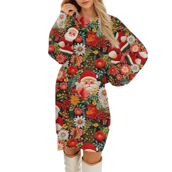 Women's Round Neck Casual Long Sleeve Plush Christmas Printed Dresses - Image 40