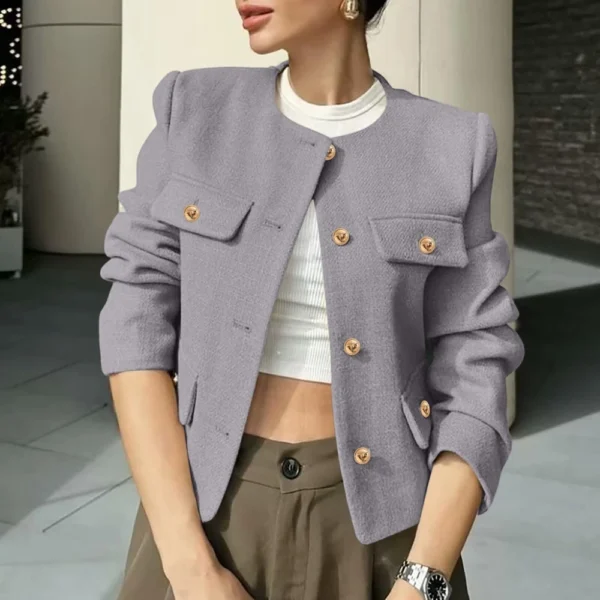 Women's Solid Color Round Neck Fashionable Button Decorated Short Jaket - Image 22