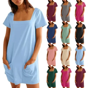 Women's Solid Color Square Collar Short Sleeve Fashion Skirt Pocket Casual Dress