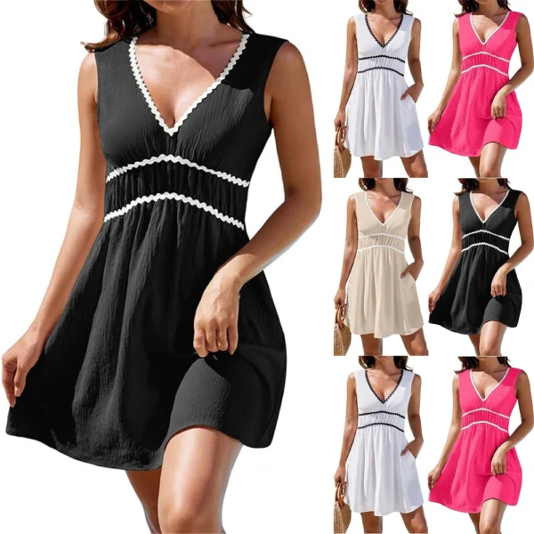 Women's Fashion Casual V-Neck Sleeveless Waist Splicing Dresses
