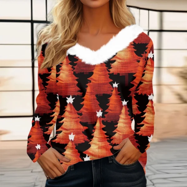 Women's Long Sleeve Christmas Printed Party Plush Neck Wide Casual V-Neck Top - Image 31