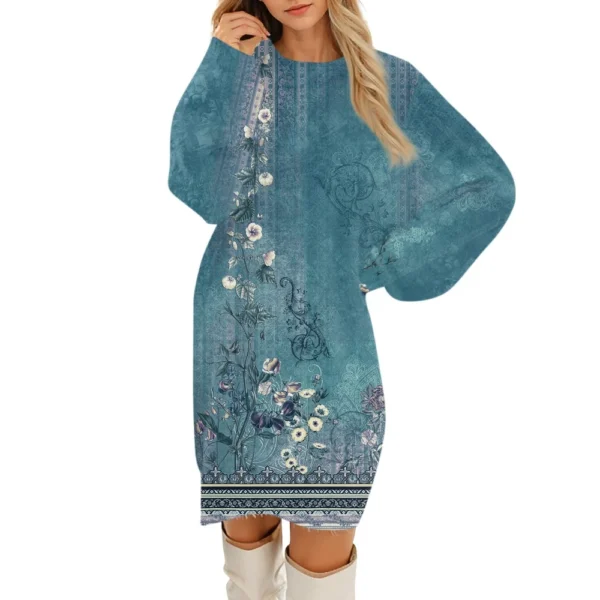 Women's Round Neck Casual Long Sleeve Plush Gradient Vintage Floral Print - Image 32