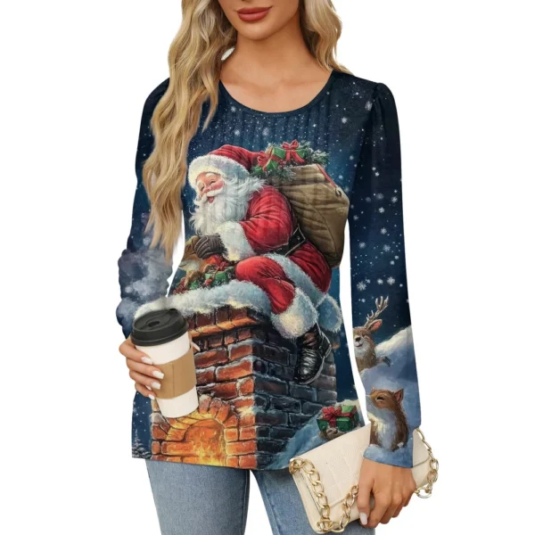 Women's Printed Christmas Top Round Neck Casual Pleated Long Sleeved T-Shirt - Image 19