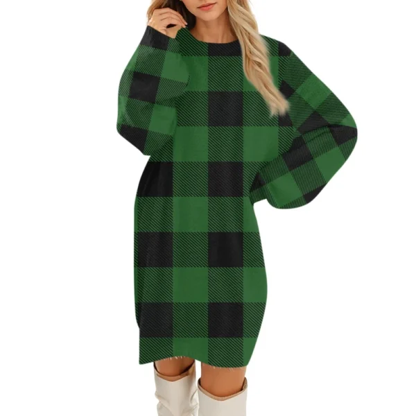 Women's Round Neck Casual Long Sleeve Plush Gradient Plaid Dresses - Image 7