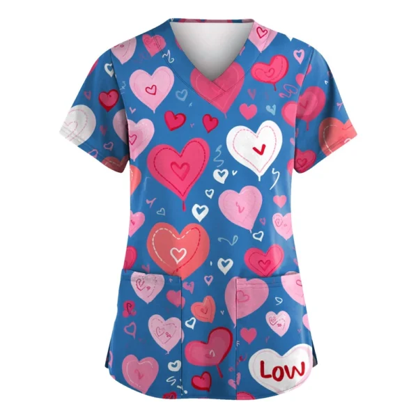 Women's Valentine's Day Printed  Uniform Work Uniform V-Neck Pocket Protective - Image 37
