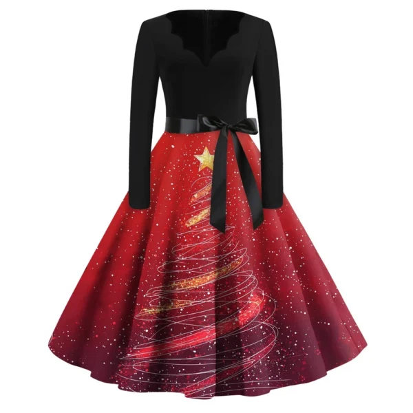 Women's Casual V-Neck Fashion Printed Christmas Long Sleeve Slim Dresses - Image 28