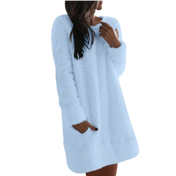 Women's Fuzzy Fleece Solid Color Dress Loose Fit Casual Round Neck Long Sleeve - Image 2