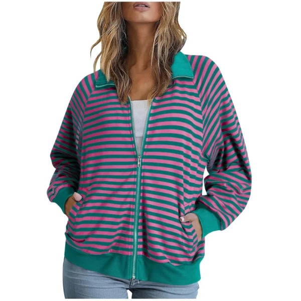 Women's Loose Casual Striped Lapel Cardigan Pocket Long Sleeved Jacket fall - Image 16