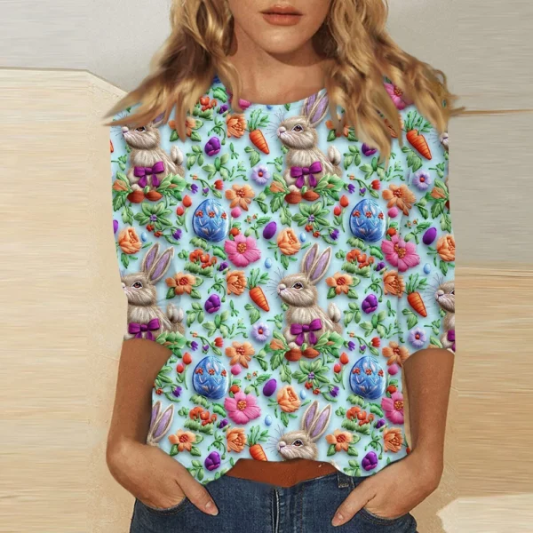 Women's Tops Easter Fashion Basic 3/4 Sleeve Printed Plus Size Casual Pullover - Image 28