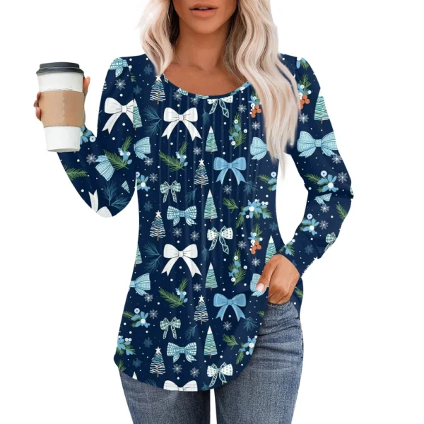 Women's Pleated Casual T-Shirt Round Neck Christmas Printed Long Sleeved Top - Image 3