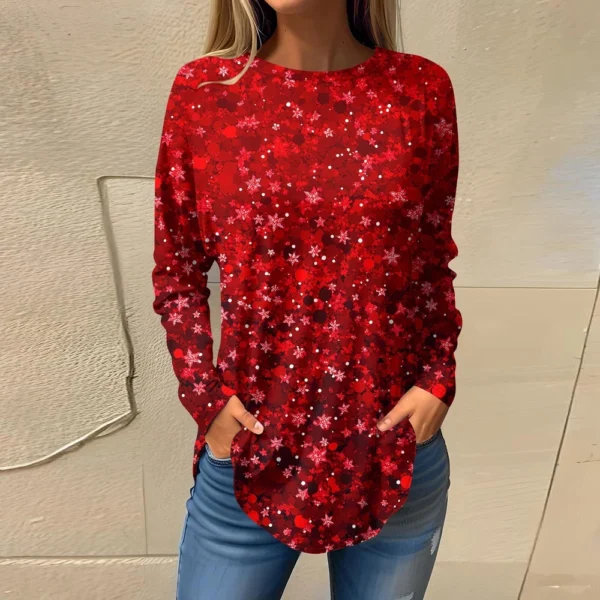 Women's Print Round Neck Christmas Loose T-Shirt Pullover Long Sleeve Top - Image 25