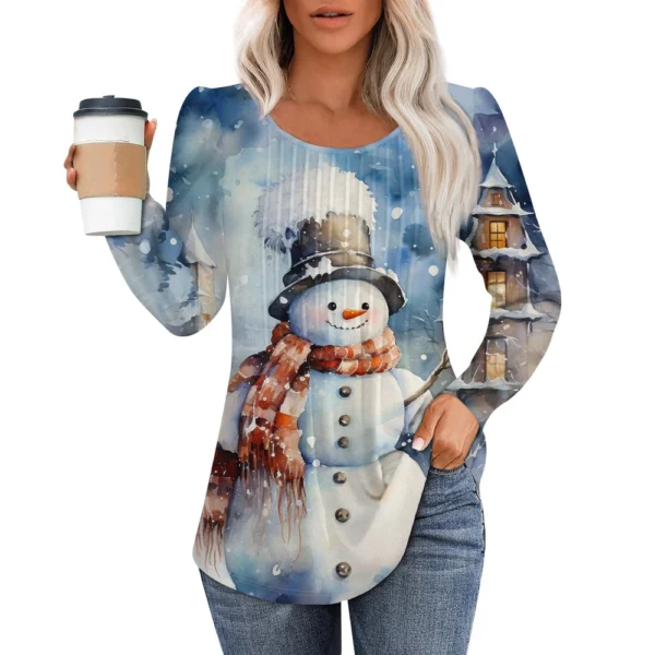 Women's Printed Christmas Top Round Neck Casual Pleated Long Sleeved T-Shirt - Image 8