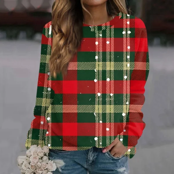 Women's Long Sleeve Print O-Neck Christmas Blouse Fashion Casual Pullover Top - Image 19