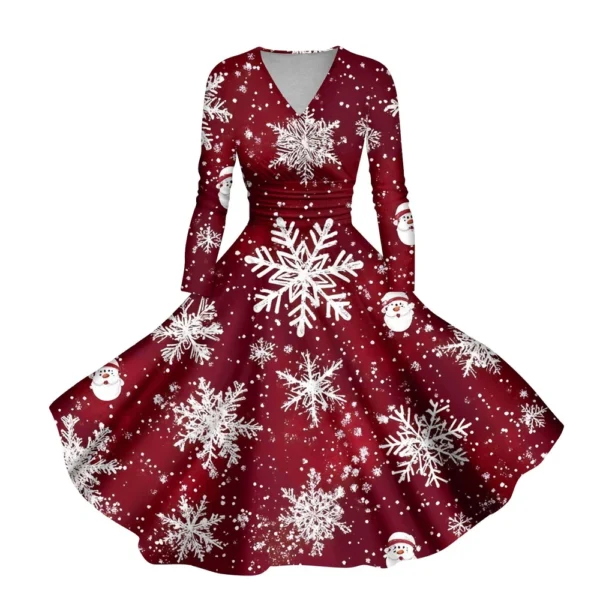 Women's Casual V-Neck Slim Fashion Christmas Long Sleeve Printed Dresses - Image 53