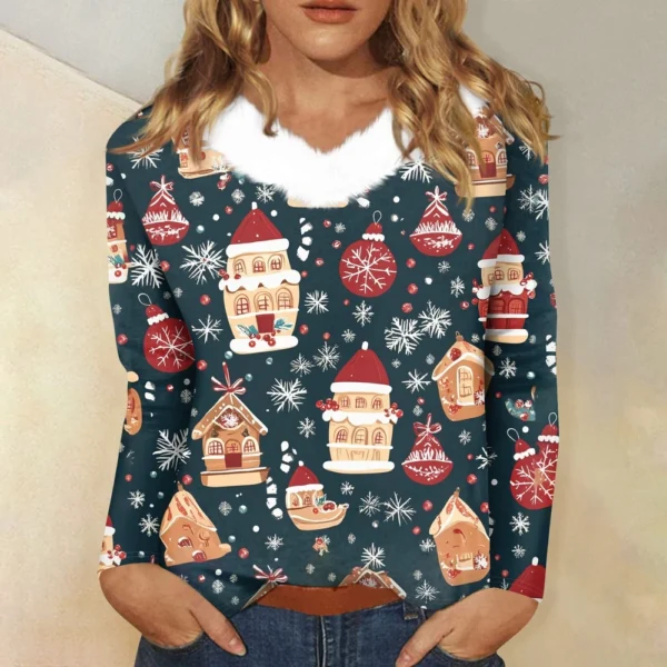 Women's Loose Casual Long Sleeved Christmas Printed Plush Collar V Neck Top, - Image 25