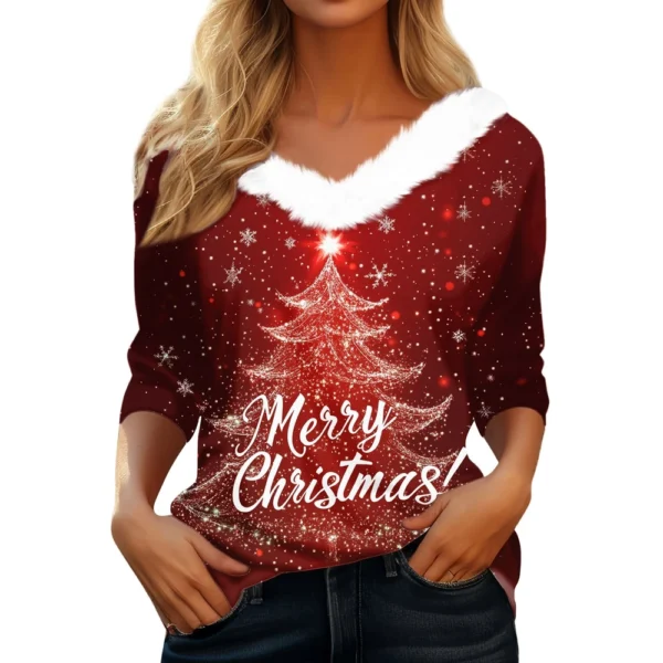 Women's Party Long Sleeve V Neck T Shirt Christmas Shirt Fleece Collar Top - Image 4