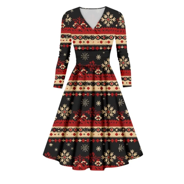 Women's Printed V-Neck Christmas Casual Fashion Long Sleeve Slim Dresses - Image 44