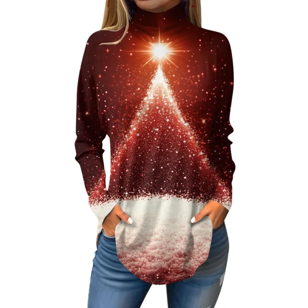 Women's Printed Christmas High Neck Pullover Long Sleeve Casual Fashion T-Shirt - Image 26
