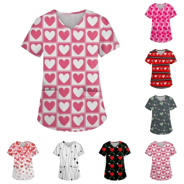 Women's Fashion V-neck Short Sleeve Workwear With Pockets Printed Tops